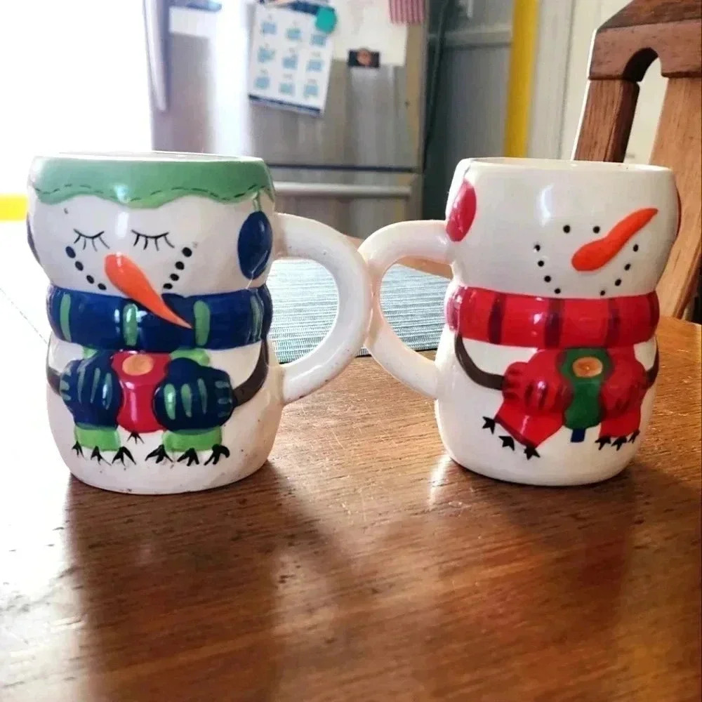 Bay Island Snowman Hot Cocoa Coffee Mugs Ceramic Set 2 10 Oz